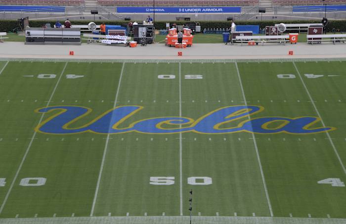 USA; General overall view of the UCLA Bruins logo at midfield during a NCAA football game between the Texas A&M Aggies and the UCLA Bruinsat Rose Bowl
